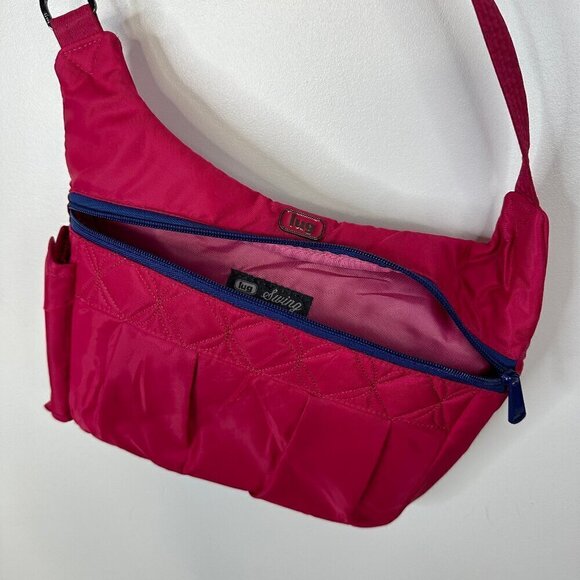 LUG  Swing Crossbody Bag Purse  Quilted Nylon  Lightweight  Dark Pink 12" x 9" - Picture 5 of 7